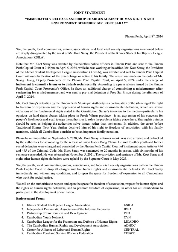 “IMMEDIATELY RELEASE AND DROP CHARGES AGAINST HUMAN RIGHTS AND ENVIRONMENT DEFENDER, MR. KOET SARAY”