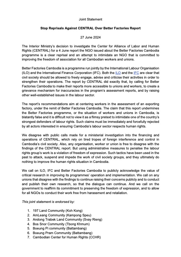 Joint Statement: Stop Reprisals Against CENTRAL Over Better Factories Report