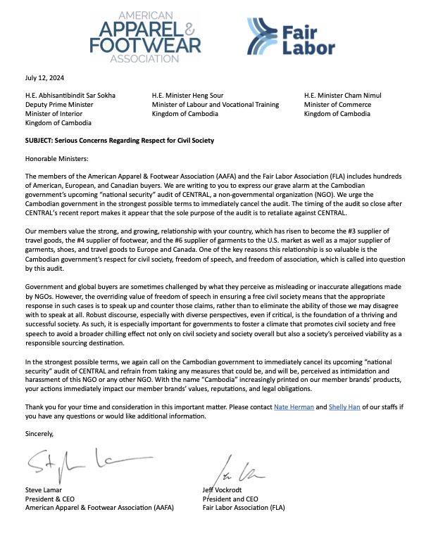 AAFA/FLA Urge Cambodia to Ensure Respect for Civil Society