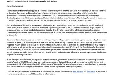 AAFA/FLA Urge Cambodia to Ensure Respect for Civil Society