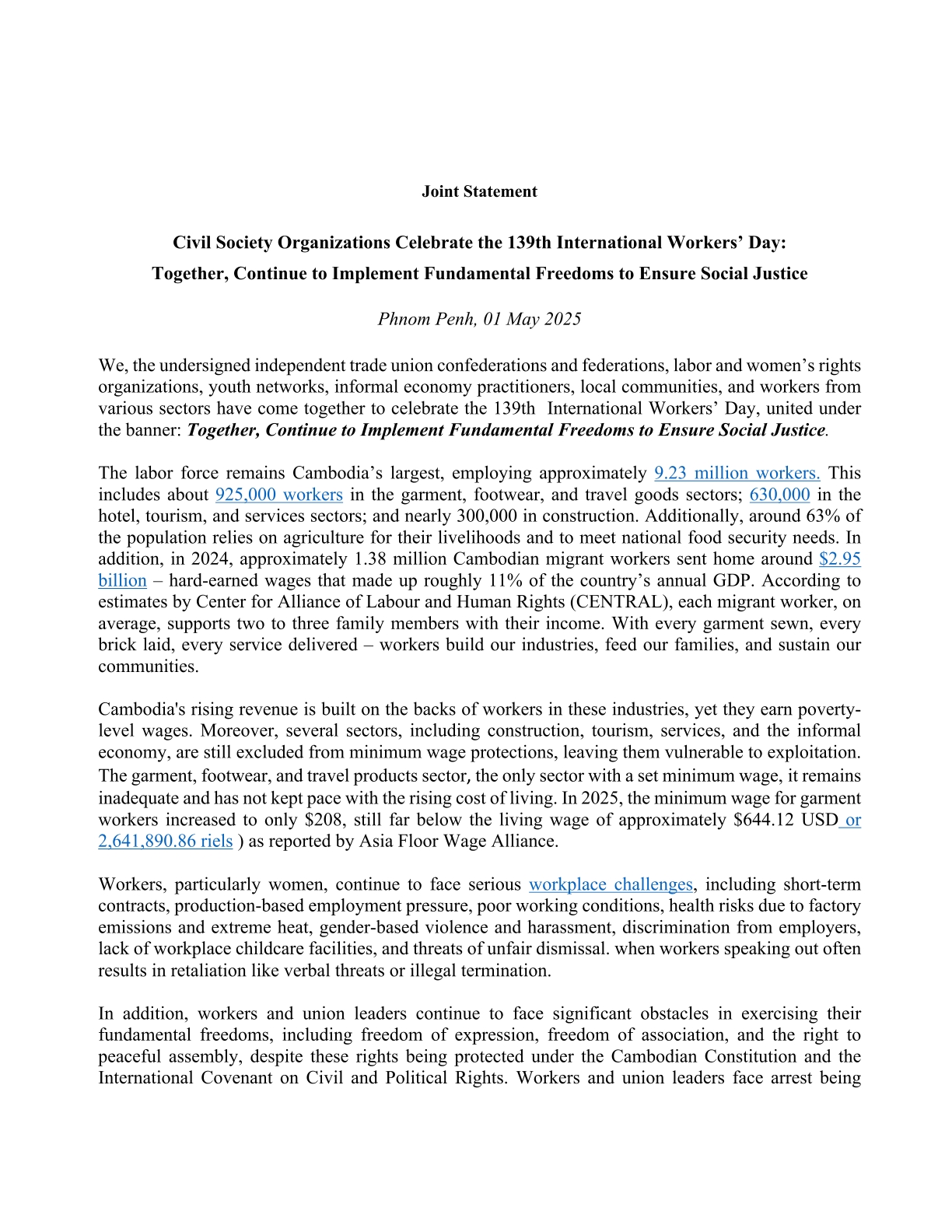 Joint Statement | Center for Alliance of Labor and Human Rights - CENTRAL