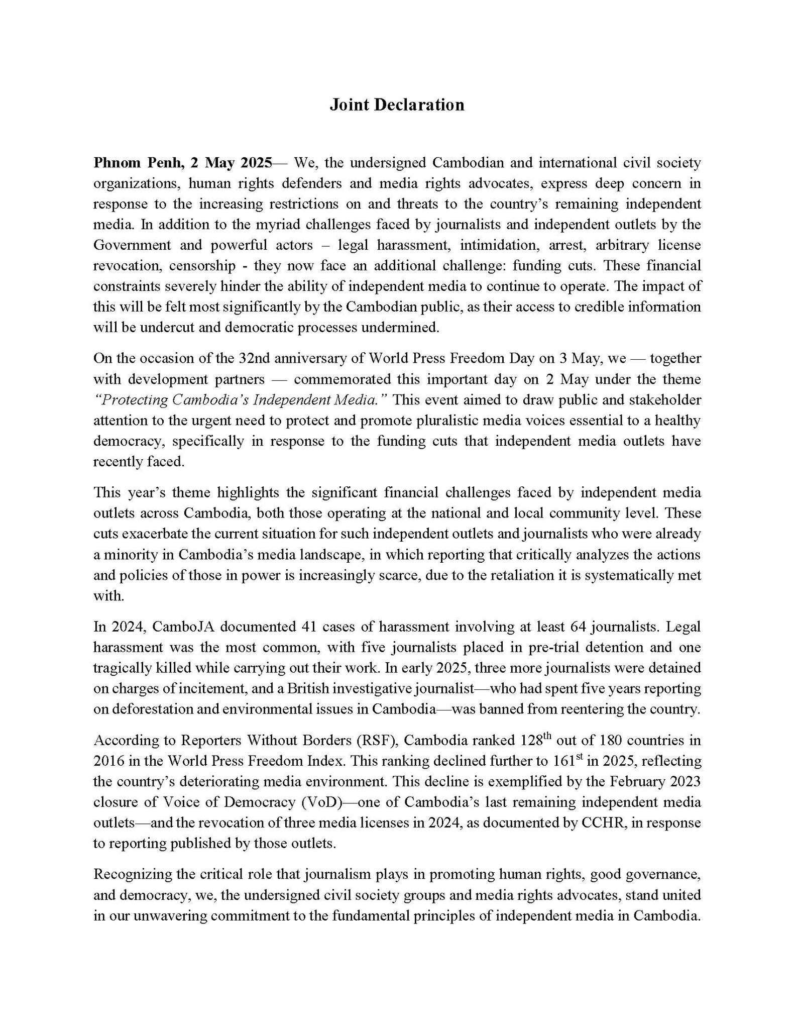 Joint Declaration: World Press Freedom Day 2025