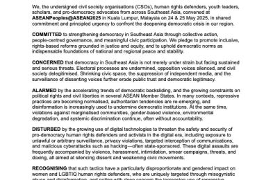 Resolution Defending Democracy, Political Rights, and Civic Space in Southeast Asia