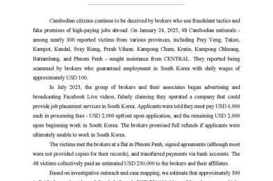 STATEMENT: Cambodian Citizens Continue to be Cheated by Brokers Who Promise Job Offerings in South Korea