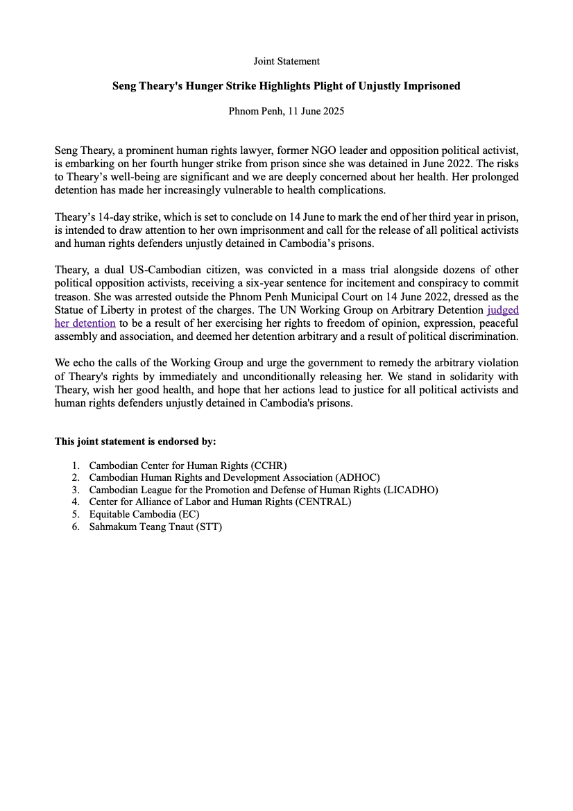 Joint Statement: Seng Theary’s Hunger Strike Highlights Plight of Unjustly Imprisoned