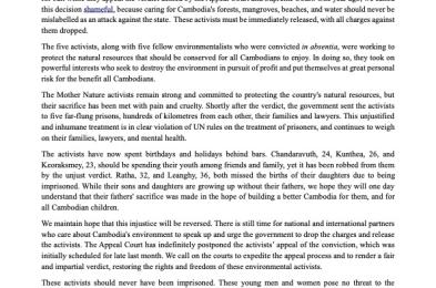 Joint Statement: An Ongoing Shame: Mother Nature Convictions, One Year On