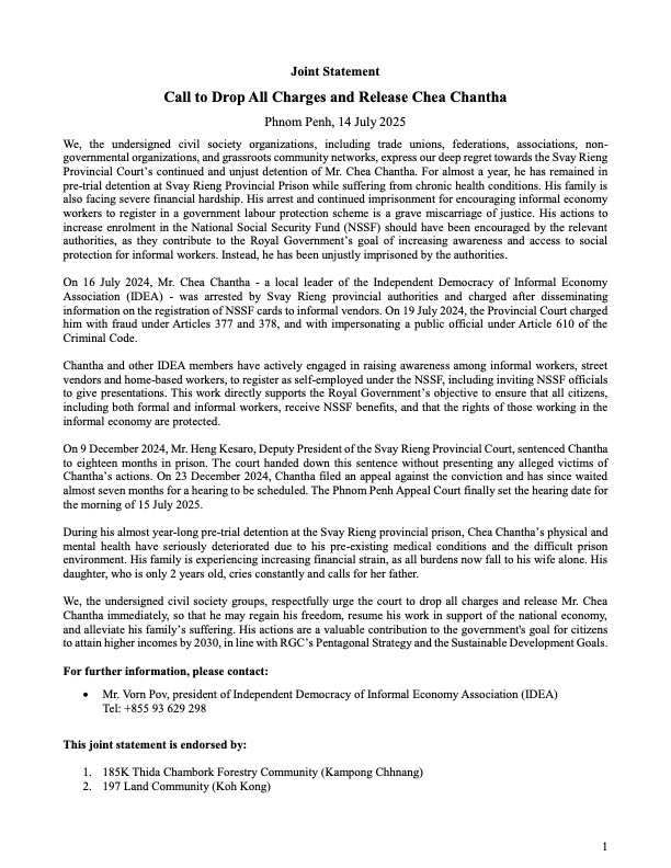 Joint Statement: Call to Drop All Charges and Release Chea Chantha