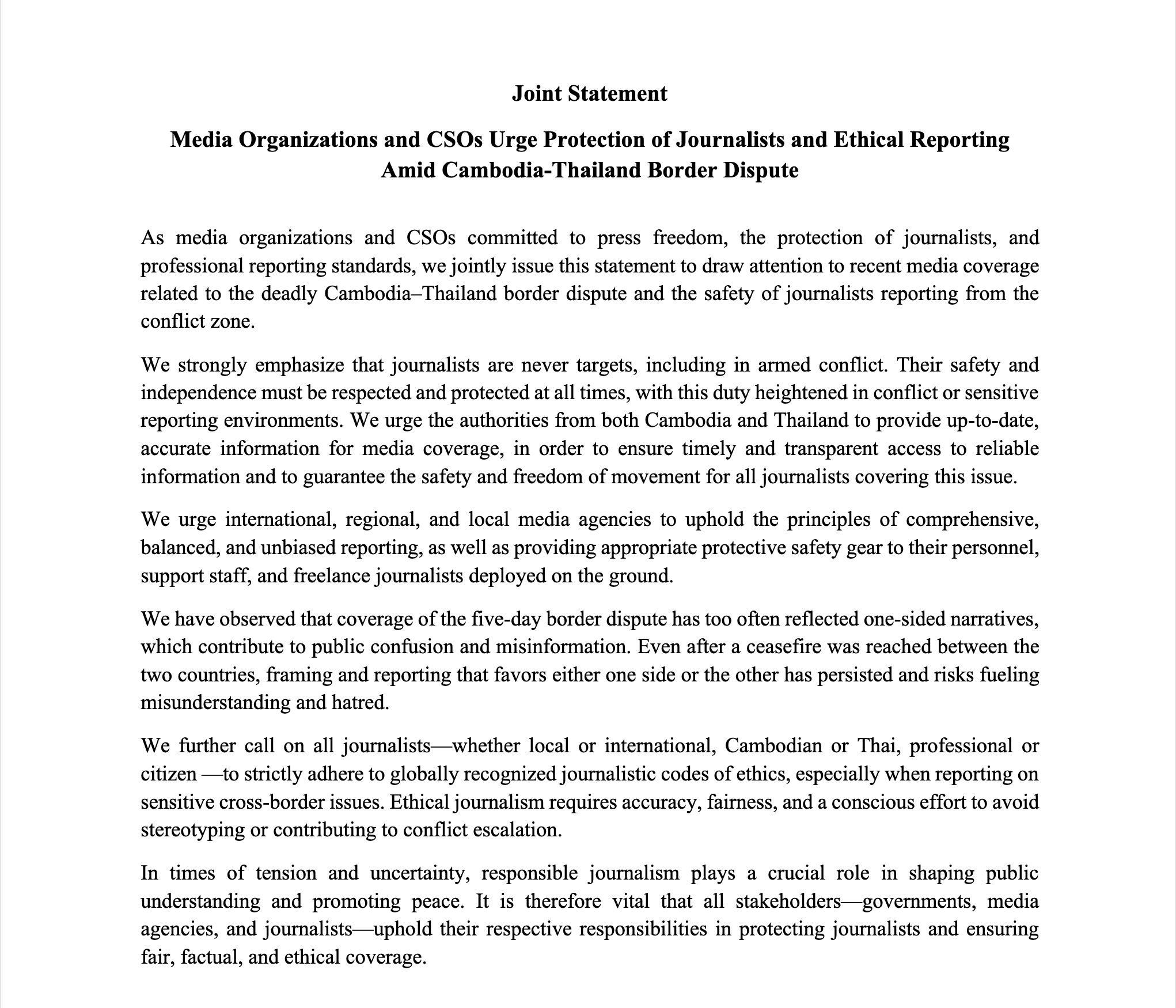 Media Organizations and CSOs Urge Protection of Journalists and Ethical Reporting Amid Cambodia-Thailand Border Dispute