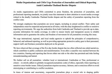 Media Organizations and CSOs Urge Protection of Journalists and Ethical Reporting Amid Cambodia-Thailand Border Dispute