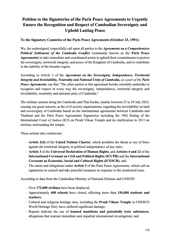 Petition to the Signatories of the Paris Peace Agreements to Urgently Ensure the Recognition and Respect of Cambodian Sovereignty and Uphold Lasting Peace