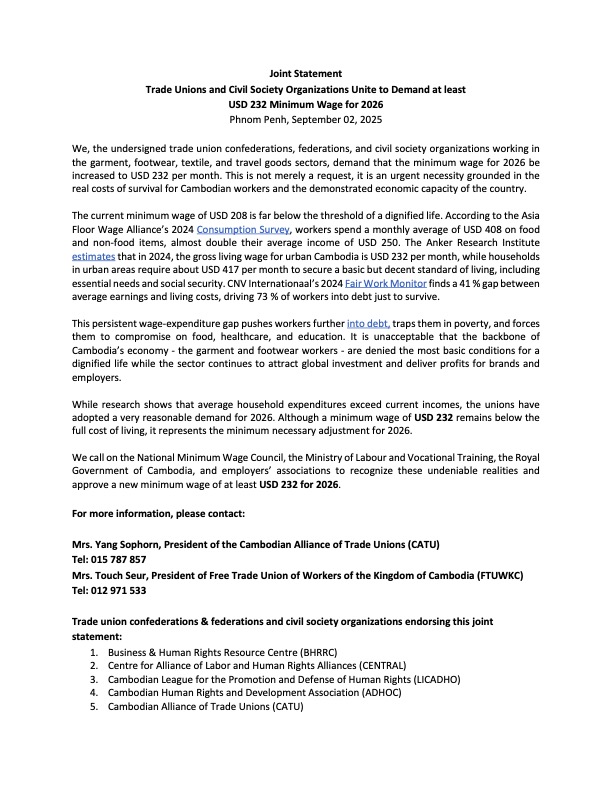Joint Statement: Trade Unions and Civil Society Organizations Unite to Demand at least USD 232 Minimum Wage for 2026
