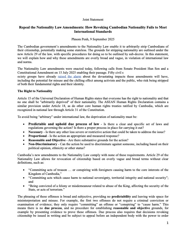 Repeal the Nationality Law Amendments: How Revoking Cambodian Nationality Fails to Meet International Standards
