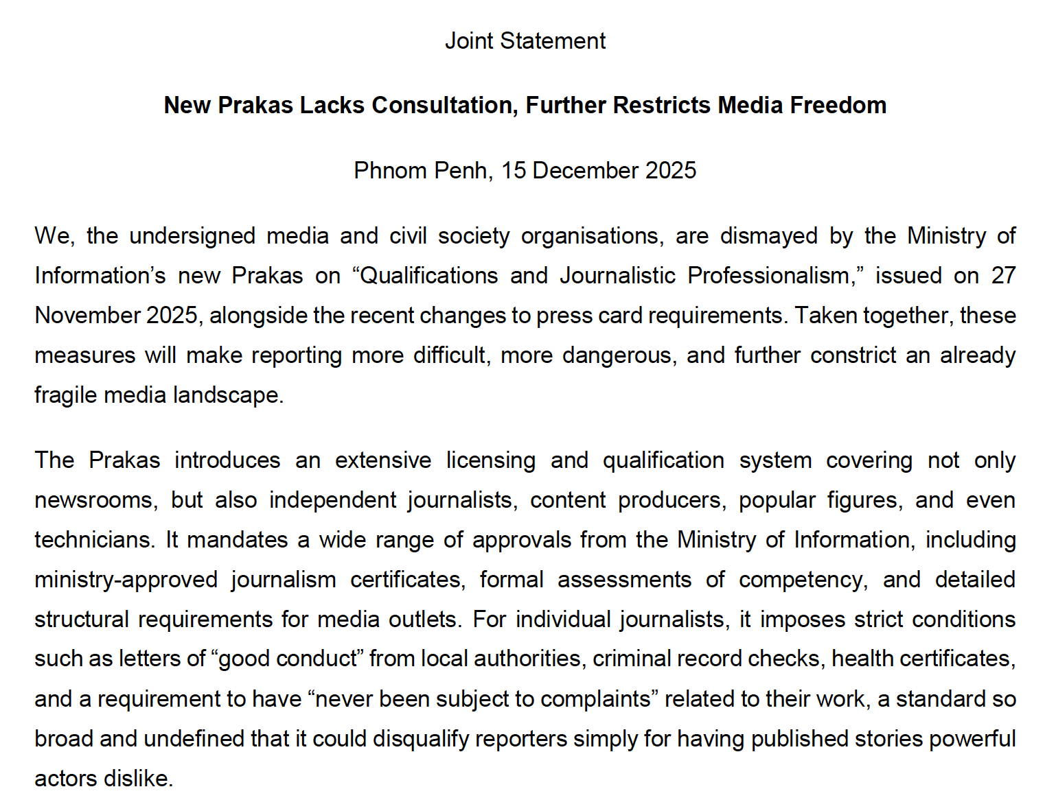 Joint Statement: New Prakas Lacks Consultation, Further Restricts Media Freedom