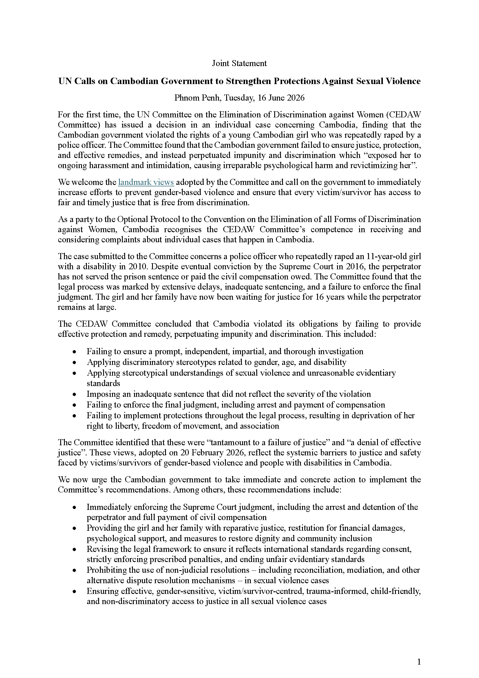 UN Calls on Cambodian Government to Strengthen Protections Against Sexual Violence