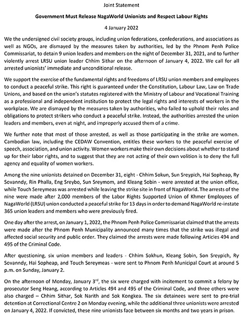 Government Must Release NagaWorld Unionists and Respect Labour Rights